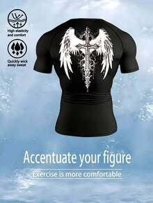 Gym Rark Men's Wing & Cross Print Compression Tight Fit Short Sleeve Sports T-Shirt,Black Summer Athleisure Gym Workout Tops,Breathable Lightweight Crew Neck - Black - View 2