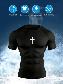 Gym Rark Men's Wing & Cross Print Compression Tight Fit Short Sleeve Sports T-Shirt,Black Summer Athleisure Gym Workout Tops,Breathable Lightweight Crew Neck - Black - View 3