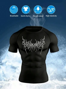 Gym Rark Men's Gothic Letter Print Round Neck Raglan Sleeve Compression Shirt,Black Summer Goth Gym Sport T-Shirt Workout Top Breathable Fitted Lightweight - Black - View 3