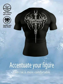 Gym Rark Men's Gothic Letter Print Round Neck Raglan Sleeve Compression Shirt,Black Summer Goth Gym Sport T-Shirt Workout Top Breathable Fitted Lightweight - Black - View 2