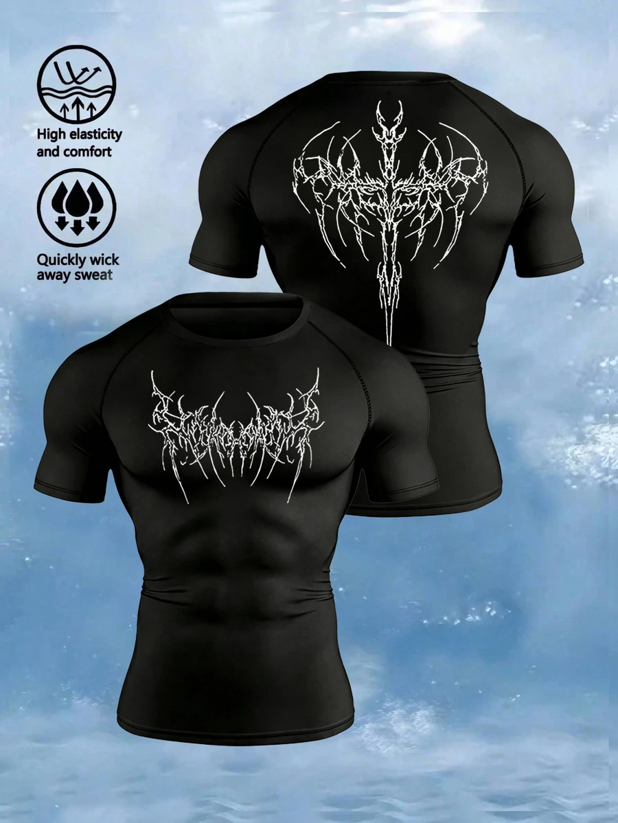 Gym Rark Men's Gothic Letter Print Round Neck Raglan Sleeve Compression Shirt,Black Summer Goth Gym Sport T-Shirt Workout Top Breathable Fitted Lightweight - Black - View 1