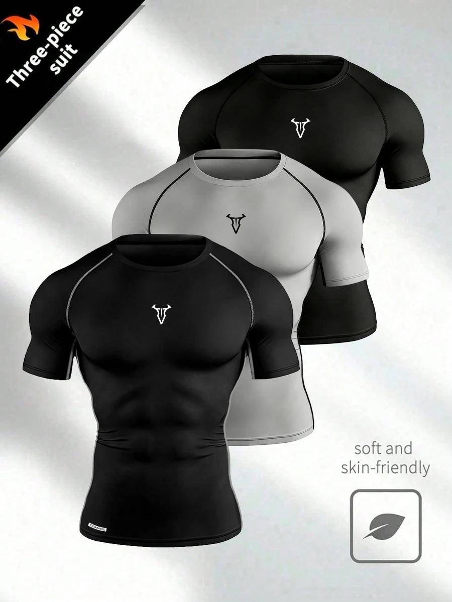 Gym Rark 3pcs Men's Contrast Stitch Raglan Short Sleeve Soft & Breathable Athletic T-Shirts Spandex Gym Compression Dry Fit Shirts , Lightweight - Black - View 1