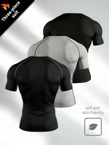 Gym Rark 3pcs Men's Contrast Stitch Raglan Short Sleeve Soft & Breathable Athletic T-Shirts Spandex Gym Compression Dry Fit Shirts , Lightweight - Black - View 2