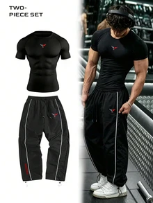 Gym Rark Men's Graphic Print Round Neck Short Sleeve Top And Striped Print Wide Leg Pants Sports Suit, Gym - Black - View 1