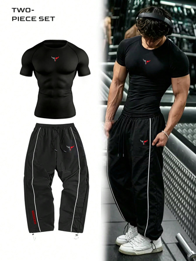 Gym Rark Conjunto deportivo de hombre con top de cuello redondo y manga corta con estampado gráfico y pantalones de pierna ancha con estampado a rayas, para gimnasio