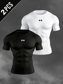 Gym Rark 2pcs Men's Barbell Print Sports T-Shirts Compression T-Shirt, Gym - Black - View 1