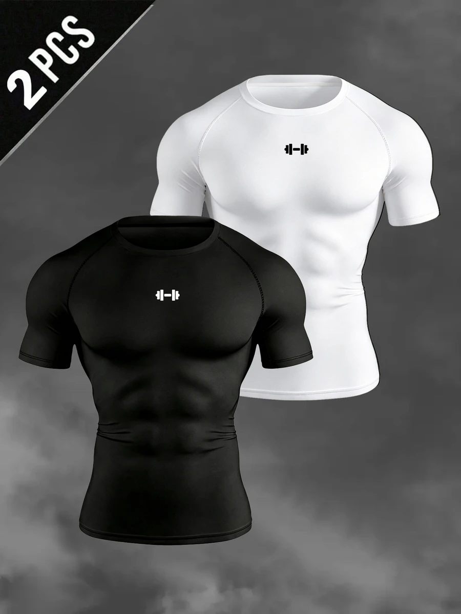 Gym Rark 2pcs Men's Barbell Print Sports T-Shirts Compression T-Shirt, Gym - Black - View 1