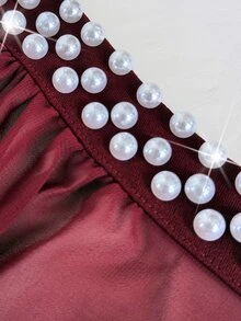 Viva Relle Plus Size Women's Pearl Decorated Cinched Waist A-Line Elegant Sophisticated Cocktail Party Dress, Lightweight Style - Burgundy - View 6