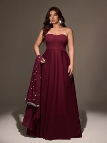 Viva Relle Plus Size Women's Pearl Decorated Cinched Waist A-Line Elegant Sophisticated Cocktail Party Dress, Lightweight Style - Burgundy - View 5