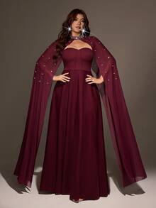 Viva Relle Plus Size Women's Pearl Decorated Cinched Waist A-Line Elegant Sophisticated Cocktail Party Dress, Lightweight Style - Burgundy - View 4