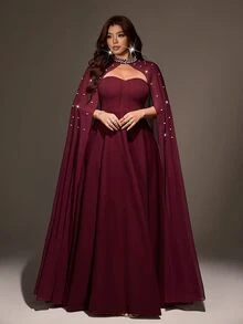 Viva Relle Plus Size Women's Pearl Decorated Cinched Waist A-Line Elegant Sophisticated Cocktail Party Dress, Lightweight Style - Burgundy - View 1
