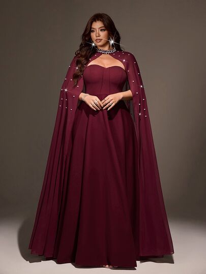 Viva Relle Plus Size Women's Pearl Decorated Cinched Waist A-Line Elegant Sophisticated Cocktail Party Dress, Lightweight Style