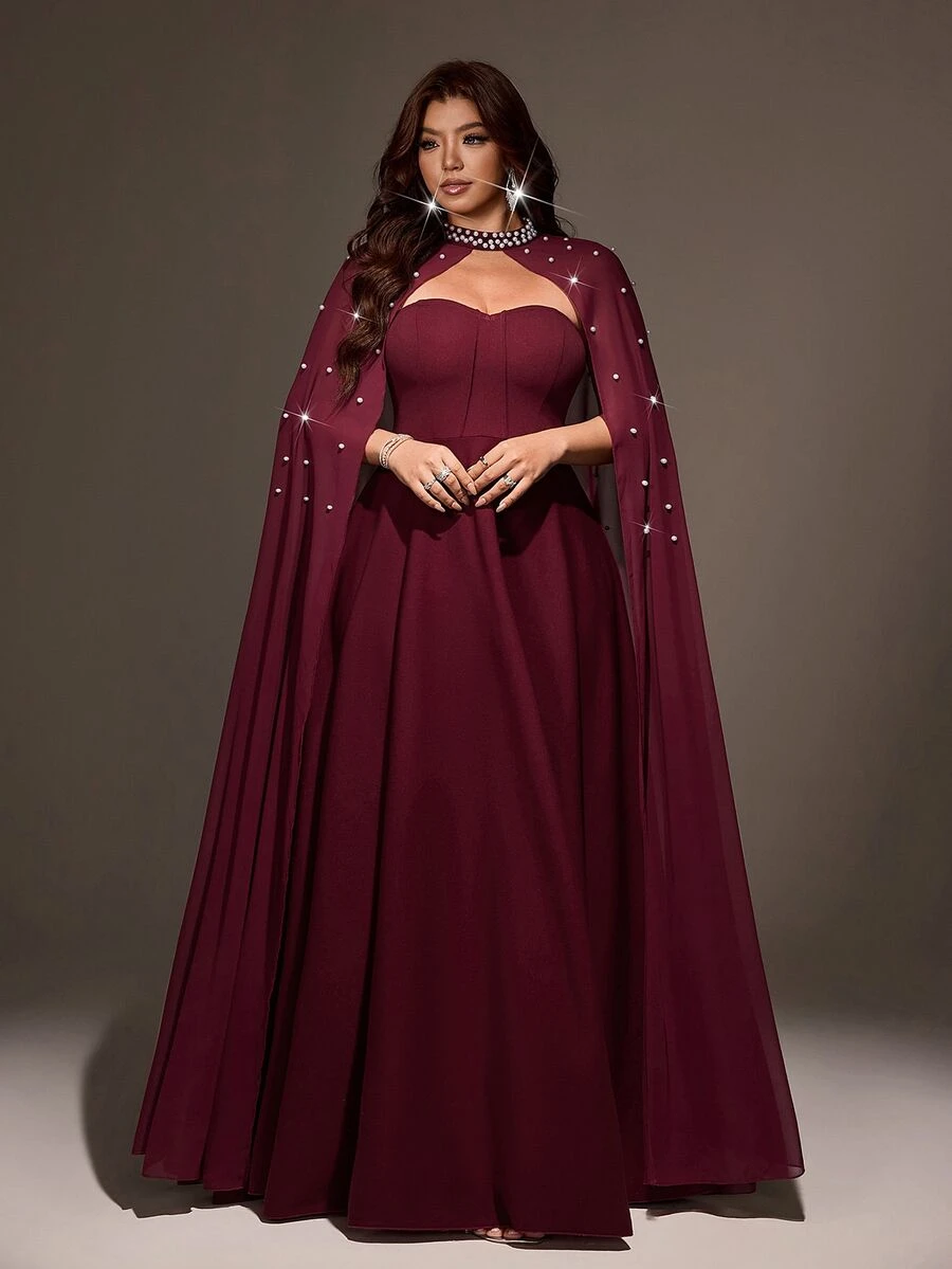 Viva Relle Plus Size Women's Pearl Decorated Cinched Waist A-Line Elegant Sophisticated Cocktail Party Dress, Lightweight Style - Burgundy - View 1