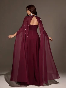 Viva Relle Plus Size Women's Pearl Decorated Cinched Waist A-Line Elegant Sophisticated Cocktail Party Dress, Lightweight Style - Burgundy - View 2