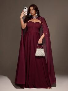 Viva Relle Plus Size Women's Pearl Decorated Cinched Waist A-Line Elegant Sophisticated Cocktail Party Dress, Lightweight Style - Burgundy - View 3