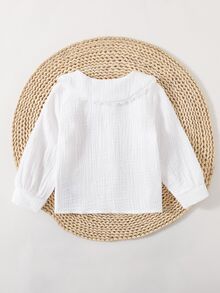 SHEIN 1件女嬰幼兒女童休閒法式白色刺繡草莓蕾絲彼得潘領荷葉邊長袖上衣，適合派對、度假、春秋冬季 - 白色 - 查看 3