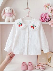 SHEIN 1件女嬰幼兒女童休閒法式白色刺繡草莓蕾絲彼得潘領荷葉邊長袖上衣，適合派對、度假、春秋冬季 - 白色 - 查看 4