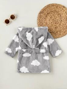 Newborn Baby Boy/Girl Cartoon Clouds Pattern Fleece Thick Hooded Long Sleeve Tie-Front Robe Autumn Winter - Light Grey - View 3