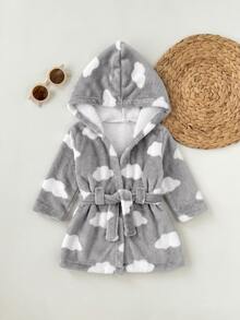 Newborn Baby Boy/Girl Cartoon Clouds Pattern Fleece Thick Hooded Long Sleeve Tie-Front Robe Autumn Winter - Light Grey - View 6