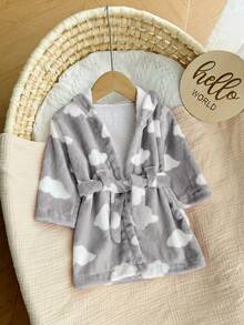 Newborn Baby Boy/Girl Cartoon Clouds Pattern Fleece Thick Hooded Long Sleeve Tie-Front Robe Autumn Winter - Light Grey - View 2