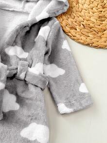 Newborn Baby Boy/Girl Cartoon Clouds Pattern Fleece Thick Hooded Long Sleeve Tie-Front Robe Autumn Winter - Light Grey - View 7