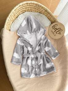 Newborn Baby Boy/Girl Cartoon Clouds Pattern Fleece Thick Hooded Long Sleeve Tie-Front Robe Autumn Winter - Light Grey - View 5
