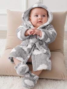 Newborn Baby Boy/Girl Cartoon Clouds Pattern Fleece Thick Hooded Long Sleeve Tie-Front Robe Autumn Winter - Light Grey - View 1