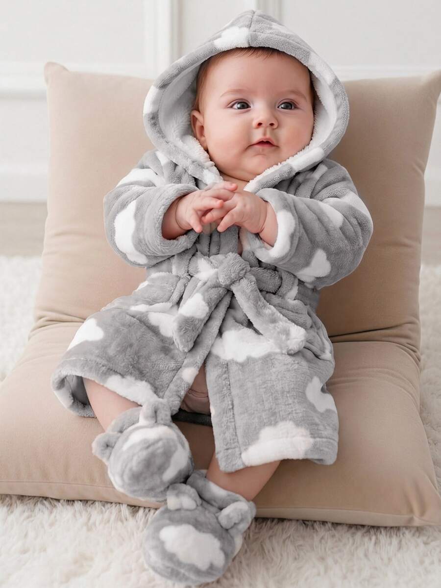 Newborn Baby Boy/Girl Cartoon Clouds Pattern Fleece Thick Hooded Long Sleeve Tie-Front Robe Autumn Winter - Light Grey - View 1