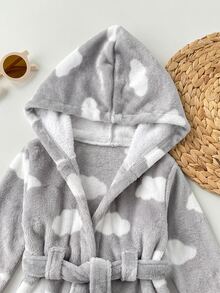 Newborn Baby Boy/Girl Cartoon Clouds Pattern Fleece Thick Hooded Long Sleeve Tie-Front Robe Autumn Winter - Light Grey - View 4