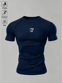Acti Log 1pc Men's Summer Contrast Stitch Raglan Short Sleeve Compression Sports T-Shirt, Suitable For Fitness, Running, Cycling, Gym, Holiday - Navy Blue - View 6
