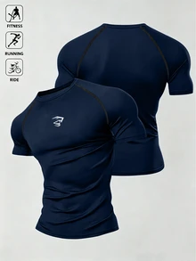 Acti Log 1pc Men's Summer Contrast Stitch Raglan Short Sleeve Compression Sports T-Shirt, Suitable For Fitness, Running, Cycling, Gym, Holiday - Navy Blue - View 1
