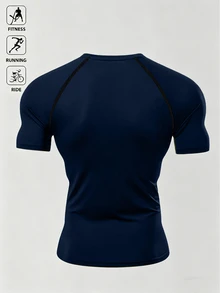 Acti Log 1pc Men's Summer Contrast Stitch Raglan Short Sleeve Compression Sports T-Shirt, Suitable For Fitness, Running, Cycling, Gym, Holiday - Navy Blue - View 2