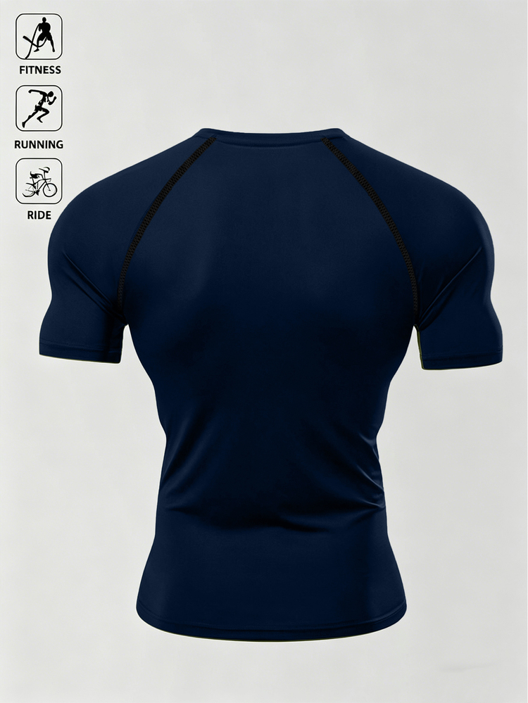 Acti Log 1pc Men's Summer Contrast Stitch Raglan Short Sleeve Compression Sports T-Shirt, Suitable For Fitness, Running, Cycling, Gym, Holiday - Navy Blue - View 2
