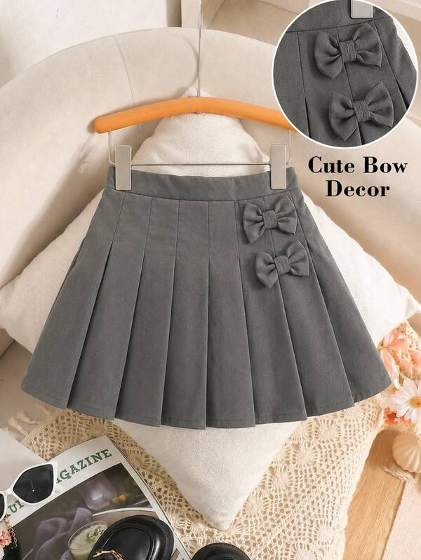 SHEIN Young Girl Summer Casual Solid Color Cute Bow Decor Pleated Mini Skirt,Back To School,Daily Wear ,S Fashionable Versatile Pleated Solid Color Fitted Casual Skirt