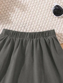 SHEIN 少女夏季休閒純色可愛蝴蝶結裝飾百褶迷你裙，返校季日常穿著，時尚百搭修身百褶純色休閒裙 - 灰色 - 查看 4