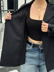 Muchica Plus Size Women's Solid Color Double-Breasted Long Sleeve Casual Trench Coat Fall - Black - View 7