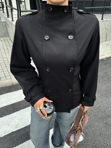 Muchica Plus Size Women's Solid Color Double-Breasted Long Sleeve Casual Trench Coat Fall - Black - View 1