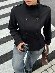 Muchica Plus Size Women's Solid Color Double-Breasted Long Sleeve Casual Trench Coat Fall - Black - View 4