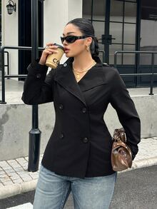 Muchica Plus Size Women's Solid Color Double-Breasted Long Sleeve Casual Trench Coat Fall - Black - View 5