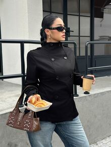 Muchica Plus Size Women's Solid Color Double-Breasted Long Sleeve Casual Trench Coat Fall - Black - View 3