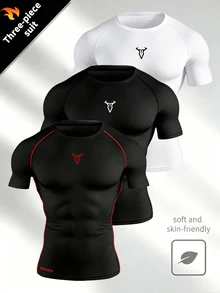 Gym Rark 男士公牛印花圆领插肩短袖运动T恤健身压缩衣男士压缩衫，轻薄款 - 黑色 - 查看 1