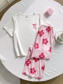 Girls' Sweet Pink Floral Pattern White Short Sleeve Top And Pink & White Striped Floral Print Long Pants Casual Comfortable Flame Retardant Brushed Fabric Loungewear 2 Pieces Set - Pink - View 1