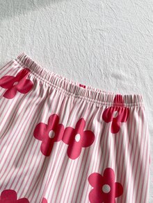 Girls' Sweet Pink Floral Pattern White Short Sleeve Top And Pink & White Striped Floral Print Long Pants Casual Comfortable Flame Retardant Brushed Fabric Loungewear 2 Pieces Set - Pink - View 6