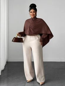 Maweii Plus Size Asymmetrical Long Sleeve Shirt, Textured Stand Collar Cardigan Top With Asymmetric Drape Shawl Design, Loose Fit Flattering Drape Blouse, Unique Design Top - Brown - View 6