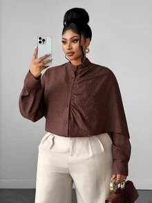 Maweii Plus Size Asymmetrical Long Sleeve Shirt, Textured Stand Collar Cardigan Top With Asymmetric Drape Shawl Design, Loose Fit Flattering Drape Blouse, Unique Design Top - Brown - View 9