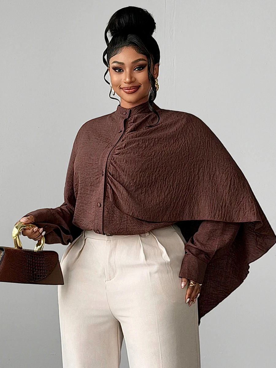 Maweii Plus Size Asymmetrical Long Sleeve Shirt, Textured Stand Collar Cardigan Top With Asymmetric Drape Shawl Design, Loose Fit Flattering Drape Blouse, Unique Design Top - Brown - View 1