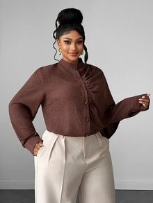 Maweii Plus Size Asymmetrical Long Sleeve Shirt, Textured Stand Collar Cardigan Top With Asymmetric Drape Shawl Design, Loose Fit Flattering Drape Blouse, Unique Design Top - Brown - View 2