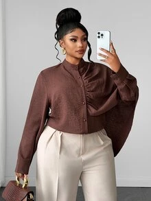 Maweii Plus Size Asymmetrical Long Sleeve Shirt, Textured Stand Collar Cardigan Top With Asymmetric Drape Shawl Design, Loose Fit Flattering Drape Blouse, Unique Design Top - Brown - View 4