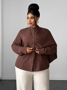 Maweii Plus Size Asymmetrical Long Sleeve Shirt, Textured Stand Collar Cardigan Top With Asymmetric Drape Shawl Design, Loose Fit Flattering Drape Blouse, Unique Design Top - Brown - View 7