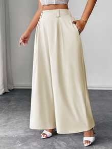 Elenzga Plus Size Women High Waist Pleated Wide Leg Loose Casual Pants - Apricot - View 3